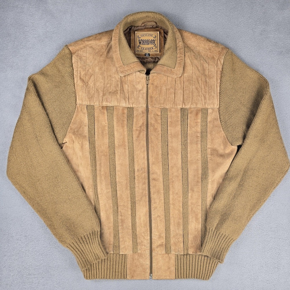 Original Windbreaker Jacket Mens Medium Beige Leather Knit Bomber Zip Striped - Picture 2 of 8